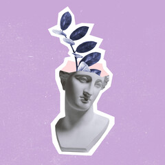 contemporary art collage, modern creative design. composition with bust of ancient statue and branch