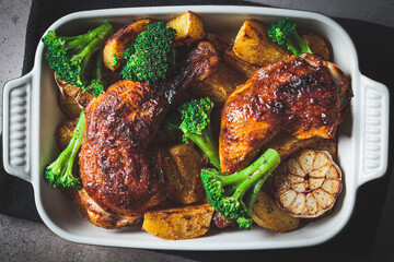 Wall Mural - Baked chicken legs with potatoes, broccoli and garlic in baking dish, dark background. Healthy festive food concept.