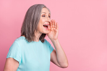 Sticker - Profile photo of cute old grey hairdo lady hand mouth wear teal blouse isolated on pink color background