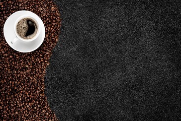 Canvas Print - Black hot coffee with foam in a white ceramic cup with coffee beans