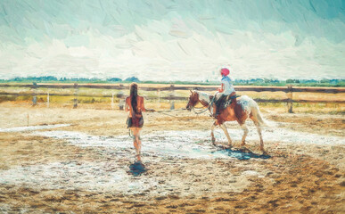 Wall Mural - girl trains horse on a beautiful summer day. Painting effect.