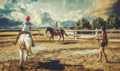 Wall Mural - girl trains horse on a beautiful summer day. Painting effect.