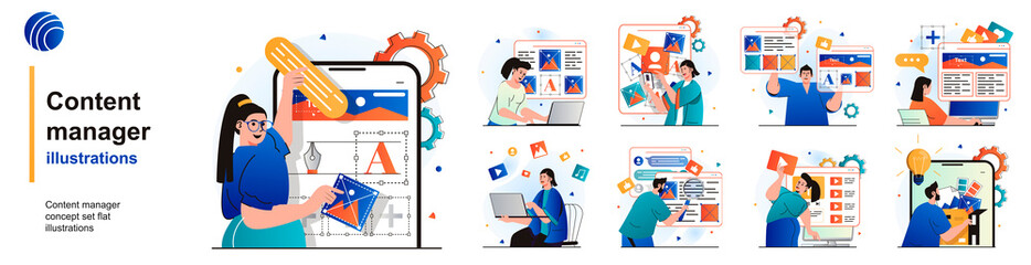 Fototapete - Content manager isolated set. Filling site with pictures and graphic elements. People collection of scenes in flat design. Vector illustration for blogging, website, mobile app, promotional materials.