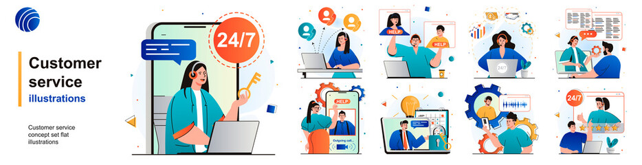 Poster - Customer service isolated set. Consultation and support, call center hotline. People collection of scenes in flat design. Vector illustration for blogging, website, mobile app, promotional materials.