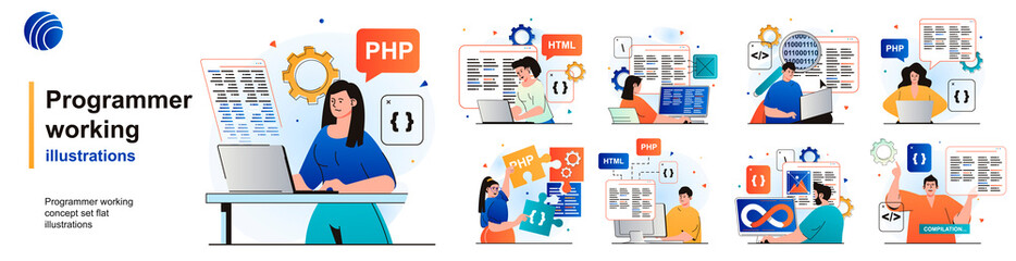 Leinwandbilder - Programmer working isolated set. Devops, coding, programming software testing. People collection of scenes in flat design. Vector illustration for blogging, website, mobile app, promotional materials.