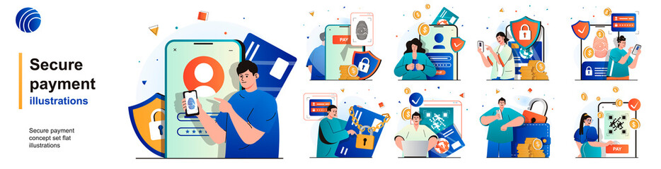 Poster - Secure payment isolated set. Protection of financial transactions and banking. People collection of scenes in flat design. Vector illustration for blogging, website, mobile app, promotional materials.