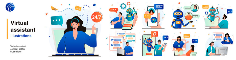 Poster - Virtual assistant isolated set. User call to hotline, online chat bot support. People collection of scenes in flat design. Vector illustration for blogging, website, mobile app, promotional materials.