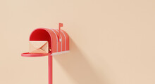 Red Mailbox On Cream Brown Background. Retro Minimal Cartoon Style. Post Office. Banner. Website. Copy Space. 3D Render. Illustration