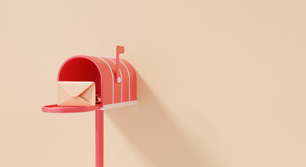 Red mailbox on cream brown background. retro minimal cartoon style. post office. banner. website. copy space. 3D render. illustration