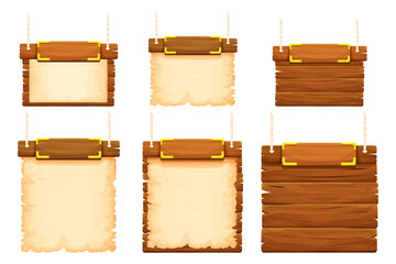 Wall Mural - set wood frames, banners with gold details, old parchment and rope in cartoon style isolated on whit