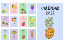 Cute Calendar With Cartoon Fruits. 2022 Calendar With Fruits.  Minimalistic Calendar For The Year For Print. Black Line Art With Colorful Spots. Wall Vertical Calendar.