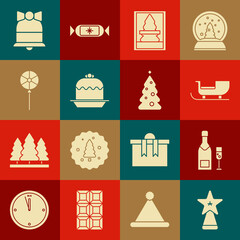 Poster - Set Christmas star, Champagne bottle and glass of champagne, santa claus sleigh, postcard, Cake, Lollipop, Merry ringing bell and tree with decorations icon. Vector