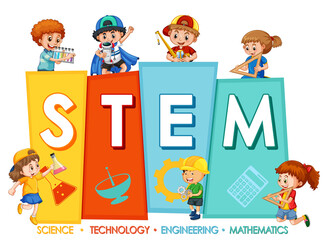 Wall Mural - STEM education logo with many children on white background