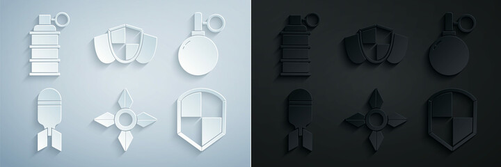 Canvas Print - Set Japanese ninja shuriken, Hand grenade, Aviation bomb, Shield, and icon. Vector