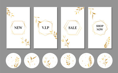 Wall Mural - Luxury stories templates and icons for instagram. Golden leaves and frames with text on a white background. Social media highlights