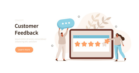 Wall Mural - People сharacters giving five star feedback and leaving comment to show satisfaction rating. Customer service and user experience concept. Flat cartoon vector illustration.