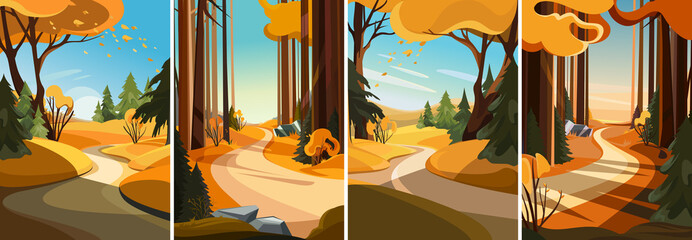 Wall Mural - Set of landscapes with road in autumn forest. Collection of nature sceneries in vertical orientation.