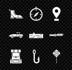 Sticker - Set Hiking boot, Compass, Location, backpack, Fishing hook, Parking, Car and Wooden log icon. Vector