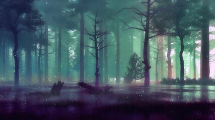 Wall Mural - mysterious woodland landscape with supernatural fairy firefly lights above forest swamp and creepy t