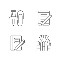 Sticker - School stationery linear icons set. Pins and paper clips. Tablet computer. Graph composition book. Customizable thin line contour symbols. Isolated vector outline illustrations. Editable stroke