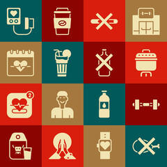 Canvas Print - Set No meat, Dumbbell, Cooking pot, Smoking, Fresh smoothie, Heart rate, Blood pressure and alcohol icon. Vector