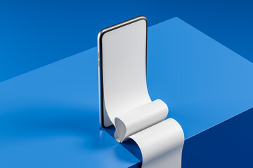 Smartphone with blank long screen scroll on blue background. Mock up. 3d rendering