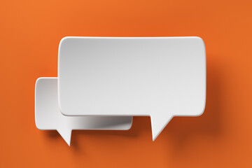 empty white volumetric speech bubbles with shadows on orange background. 3d rendering