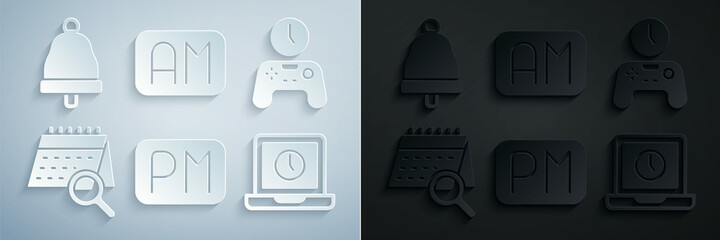 Poster - Set Day time, Gamepad of, Calendar search, Laptop, Morning and Ringing bell icon. Vector