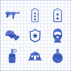 Canvas Print - Set Military reward medal, barracks, Canteen water bottle, Balaclava, Hand grenade, Gas mask, rank and Submachine gun M3 icon. Vector