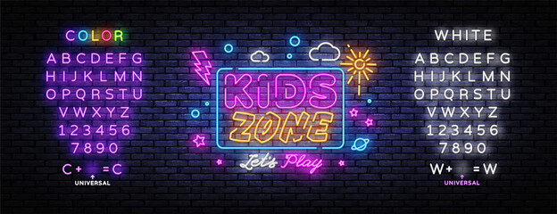 Wall Mural - Kids Zone neon banner vector design template. Place for fun and play neon light banner, design element, night bright advertising, bright sign. Vector illustration. Editing text neon sign