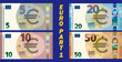 A fictional set of obverse of European Union paper money. Banknotes in denominations of five, ten, twenty, fifty euros. Part one