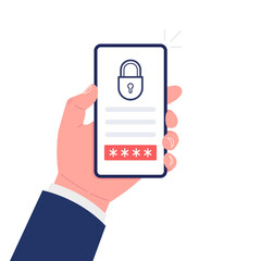 Wall Mural - hand holding smartphone with lock and button on the screen. mobile security concept. vector illustra