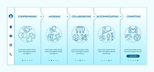 Wall Mural - Conflict resolution strategies onboarding vector template. Responsive mobile website with icons. Web page walkthrough 5 step screens. Communication color concept with linear illustrations