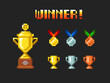 Pixel art 8-bit trophy cups and medals on ribbon  icons with winner text template for retro video game design.  Cartoon golden, silver, bronze trophy cup. 1st 2nd 3rd winner place icons