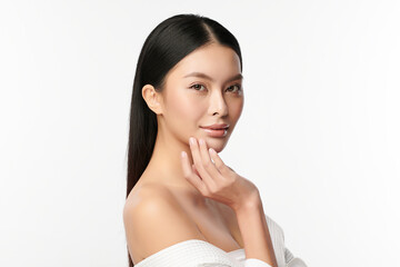 Beautiful young asian woman with clean fresh skin on white background, Face care, Facial treatment, Cosmetology, beauty and spa, Asian women portrait.