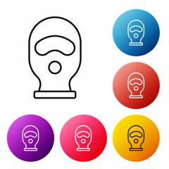 Poster - Black line Balaclava icon isolated on white background. A piece of clothing for winter sports or a mask for a criminal or a thief. Set icons colorful circle buttons. Vector