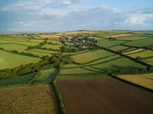 British Countryside, Farmers Fields And Hedgerows At Sunrise, Aerial Shot