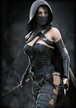 Mysterious Hooded Silent Rogue Assassin Female Piercing Through The Smoke Toward Her Target With A Dagger In Hand . Fantasy 3d Rendering