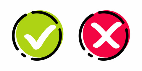 Fototapete - Green tick red cross vector icons. Tick and cross marks. Accepted, rejected, approved, disapproved, right, wrong, correct, false symbols. Checkbox and cross, thin line icons. Check and wrong marks