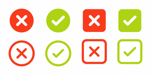 Fototapete - Green tick red cross vector icons. Tick and cross marks. Accepted, rejected, approved, disapproved, right, wrong, correct, false symbols. Checkbox and cross, thin line icons. Check and wrong marks