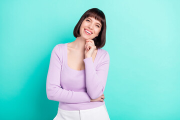 Poster - Photo portrait business woman touching chin laughing in casual clothes isolated bright teal color background