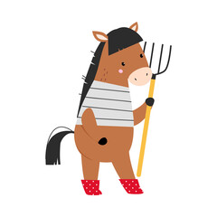 Sticker - Cute Horse as Farm Animal on Ranch Standing with Pitchfork Vector Illustration