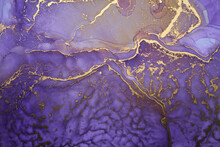 Luxury Abstract Background In Alcohol Ink Technique, Purple Gold Liquid Painting, Scattered Acrylic Blobs And Swirling Stains, Printed Materials