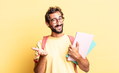 Wall Mural - expressive crazy man smiling happily with friendly and  offering and showing a concept. adult student concept