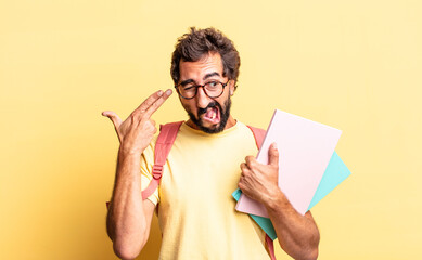 Sticker - expressive crazy man looking unhappy and stressed, suicide gesture making gun sign. adult student concept