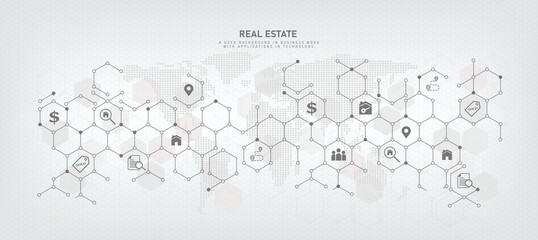 Wall Mural - technology background with business symbol icon for sale and real estate listing Brokers and Contractors Residential real estate, investment, housing project real estate development real estate