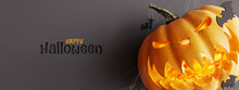 Happy Halloween Concept Background With Laughing Carved Pumpkin And Flying Bats 3D Rendering, 3D Illustration