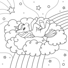 Wall Mural - The unicorn lies on the clouds against the background of the starry sky. Coloring book. Vector illustration isolated on white background