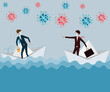 © wilkat - Flat design of crisis management,Young man standing on a leaking paper boat and another boat came to help - vector