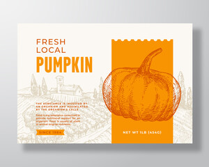 Wall Mural - Fresh Local Pumpkin Food Label Template. Abstract Vector Packaging Design Layout. Modern Typography Banner with Hand Drawn Vegetable and Rural Landscape Background. Isolated